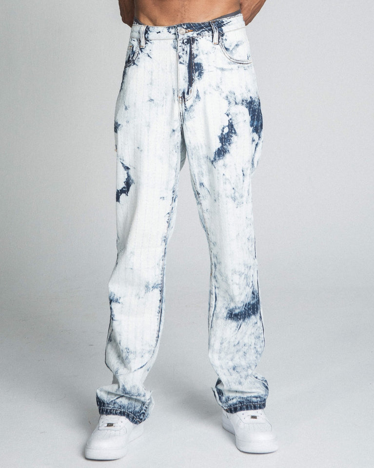 AJ01L - 1 DARK BLUE/WHITE TIE DYE THREAD LINE LOOSE JEANS - Wear with style