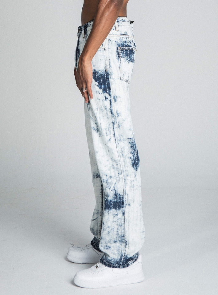 AJ01L - 1 DARK BLUE/WHITE TIE DYE THREAD LINE LOOSE JEANS - Wear with style