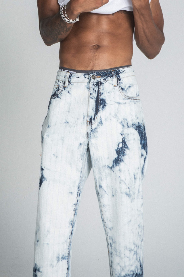 AJ01L - 1 DARK BLUE/WHITE TIE DYE THREAD LINE LOOSE JEANS - Wear with style