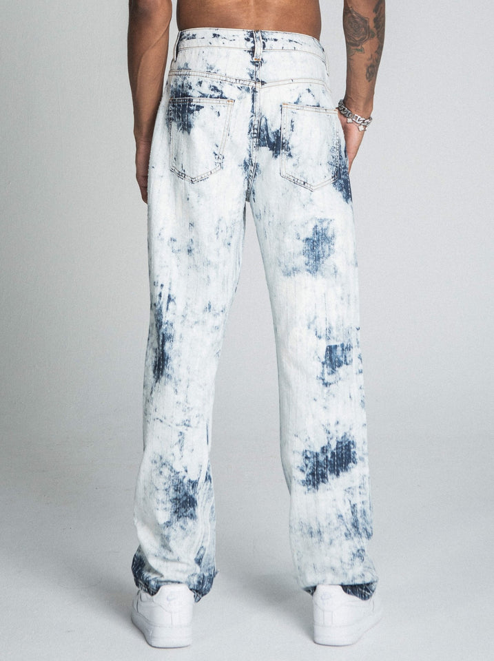 AJ01L - 1 DARK BLUE/WHITE TIE DYE THREAD LINE LOOSE JEANS - Wear with style