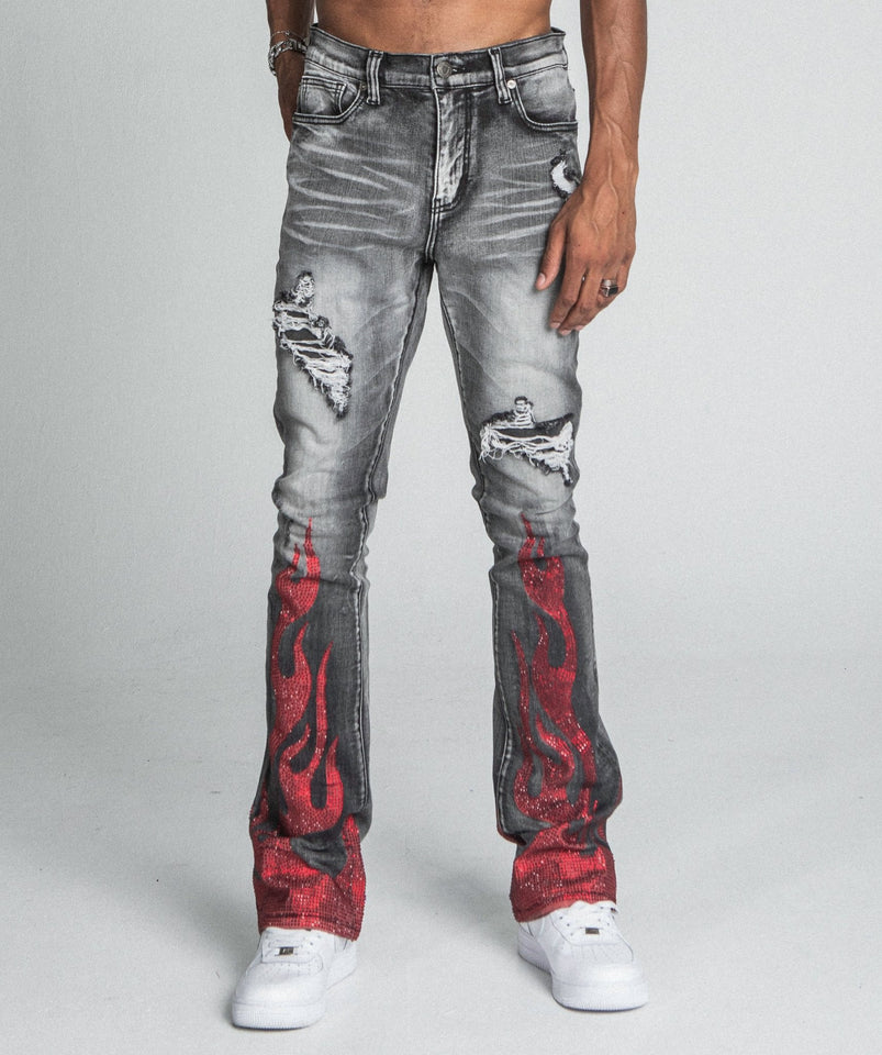 AJ23SK FLAME RHINESTONE STACKED JEANS - Wear with style