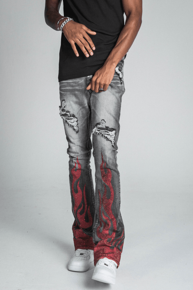 AJ23SK FLAME RHINESTONE STACKED JEANS - Wear with style