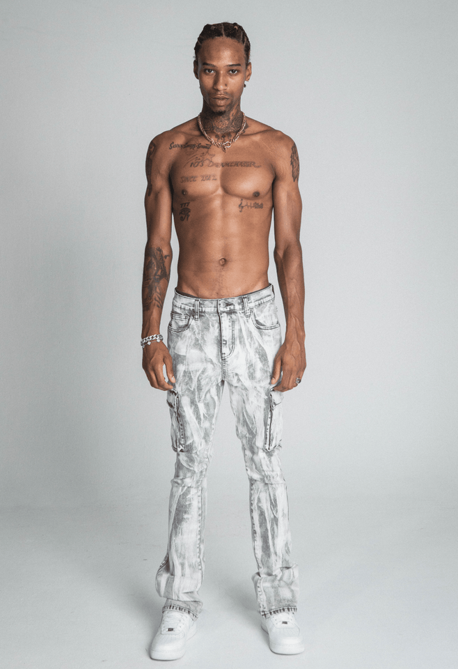 AJ29SK GREY/WHITE WASH STACKED CARGO JEANS - Wear with style