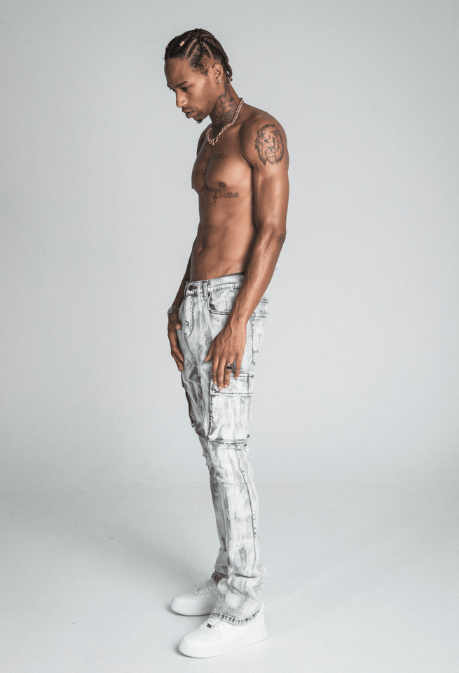 AJ29SK GREY/WHITE WASH STACKED CARGO JEANS - Wear with style