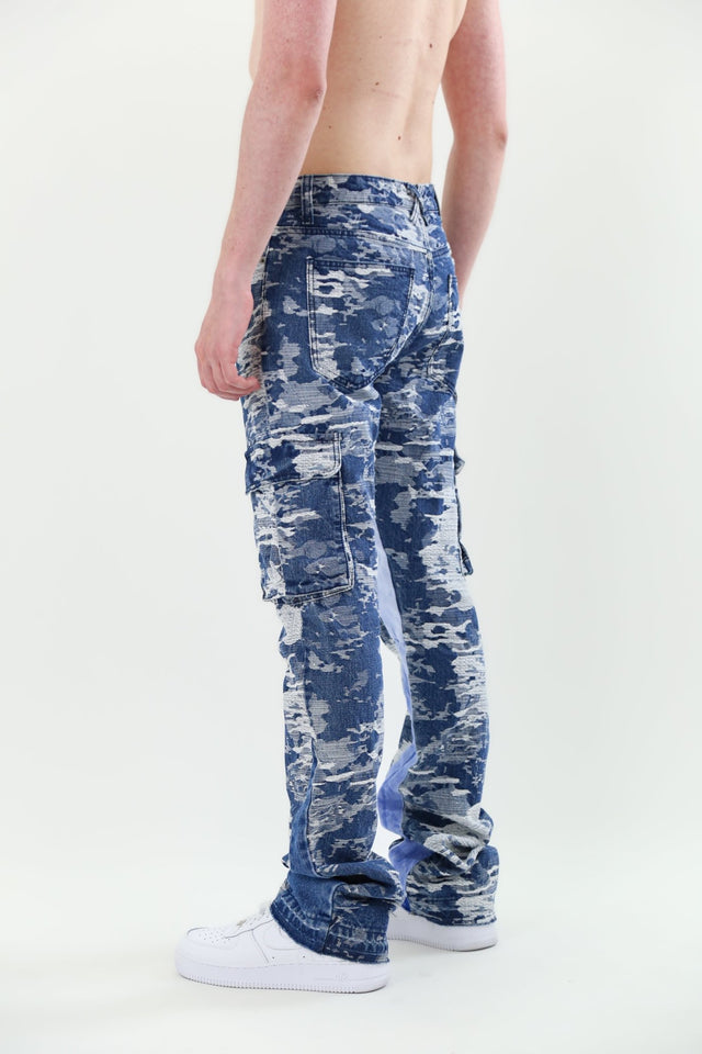 AJS695 BLUE CARGO JACQUARD STACKED JEANS - Wear with style