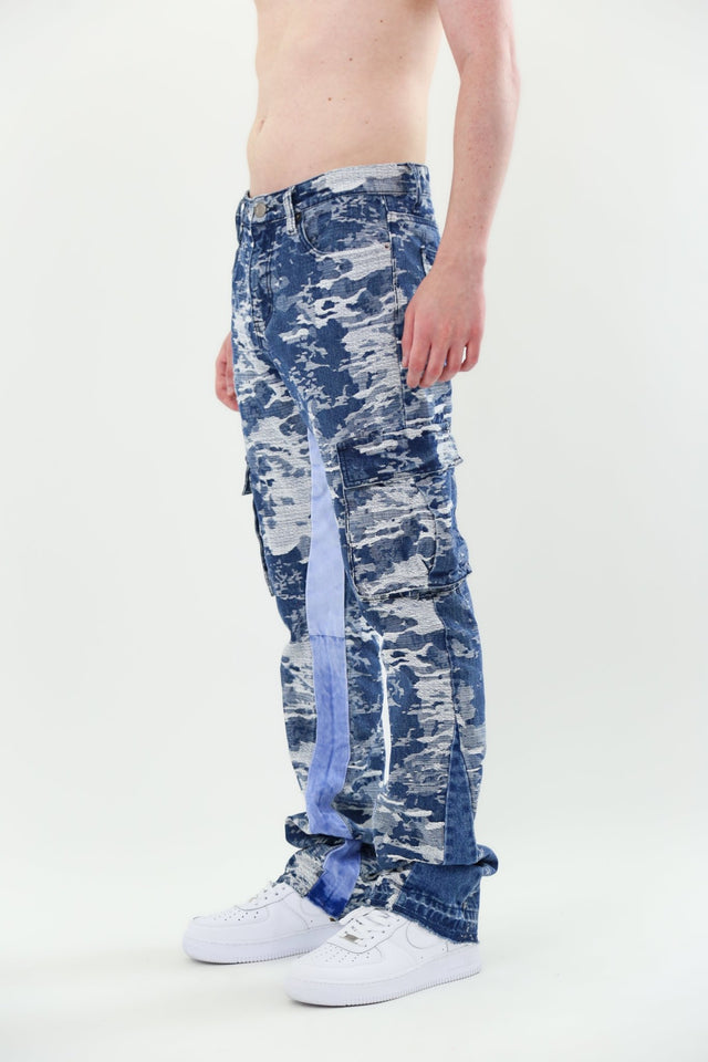 AJS695 BLUE CARGO JACQUARD STACKED JEANS - Wear with style