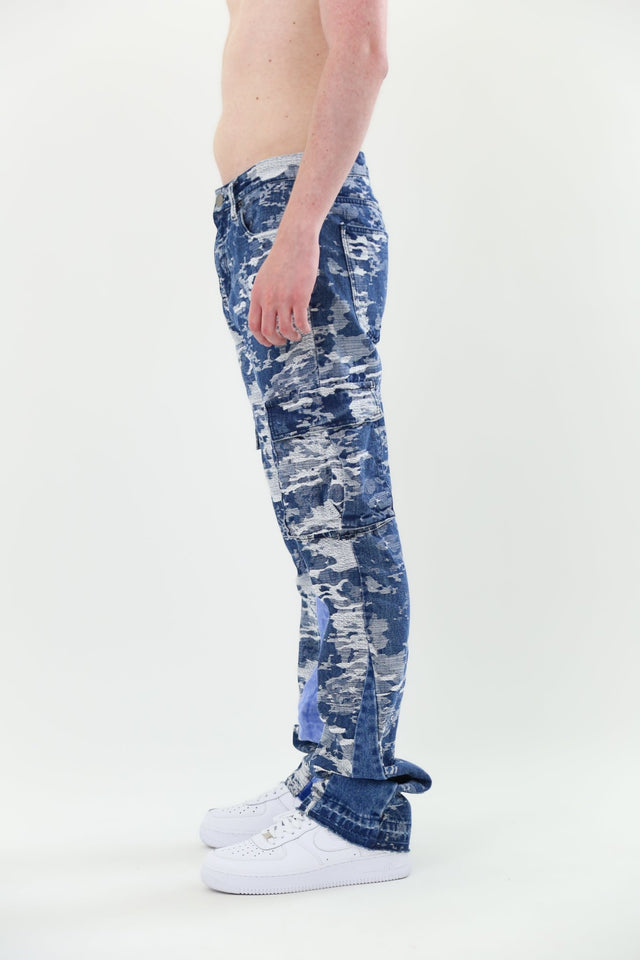 AJS695 BLUE CARGO JACQUARD STACKED JEANS - Wear with style