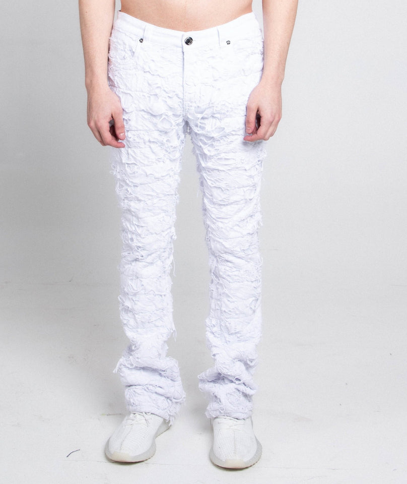 AR704 WHITE FRAYED STACKED JEANS - Wear with style