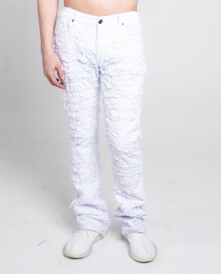AR704 WHITE FRAYED STACKED JEANS - Wear with style