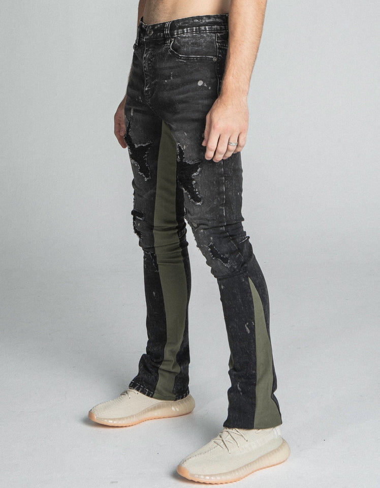 AR711 BLACK/BROWM DISTRESSED STAR STACKED JEANS - Wear with style