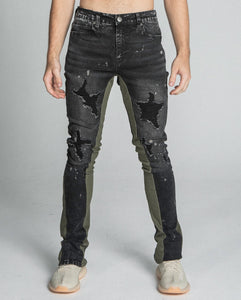 AR711 BLACK/BROWM DISTRESSED STAR STACKED JEANS - Wear with style