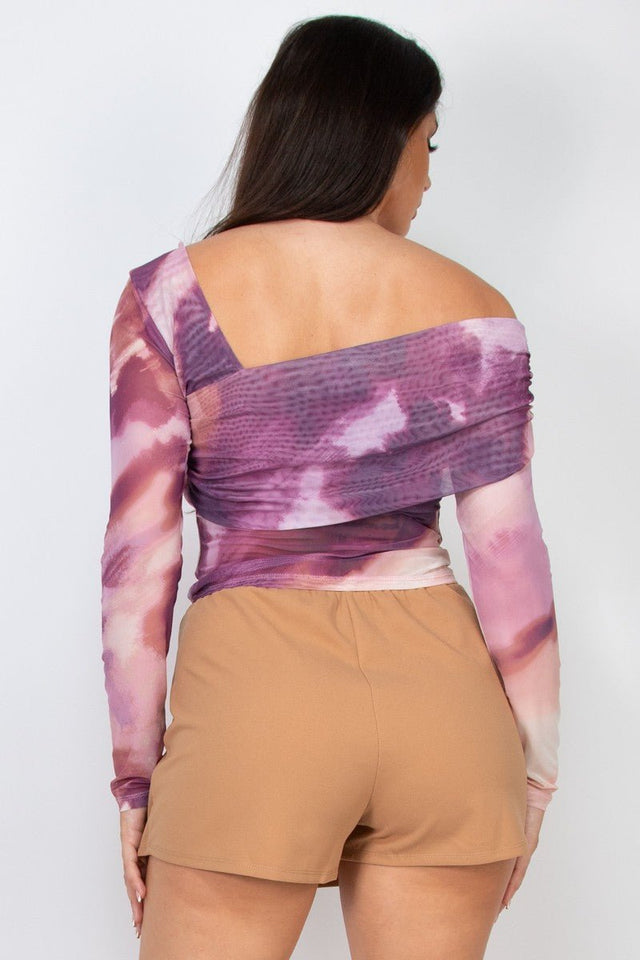 Asymmetric Watercolor Vibe Long Sleeve Mesh Printed Top - Wear with style