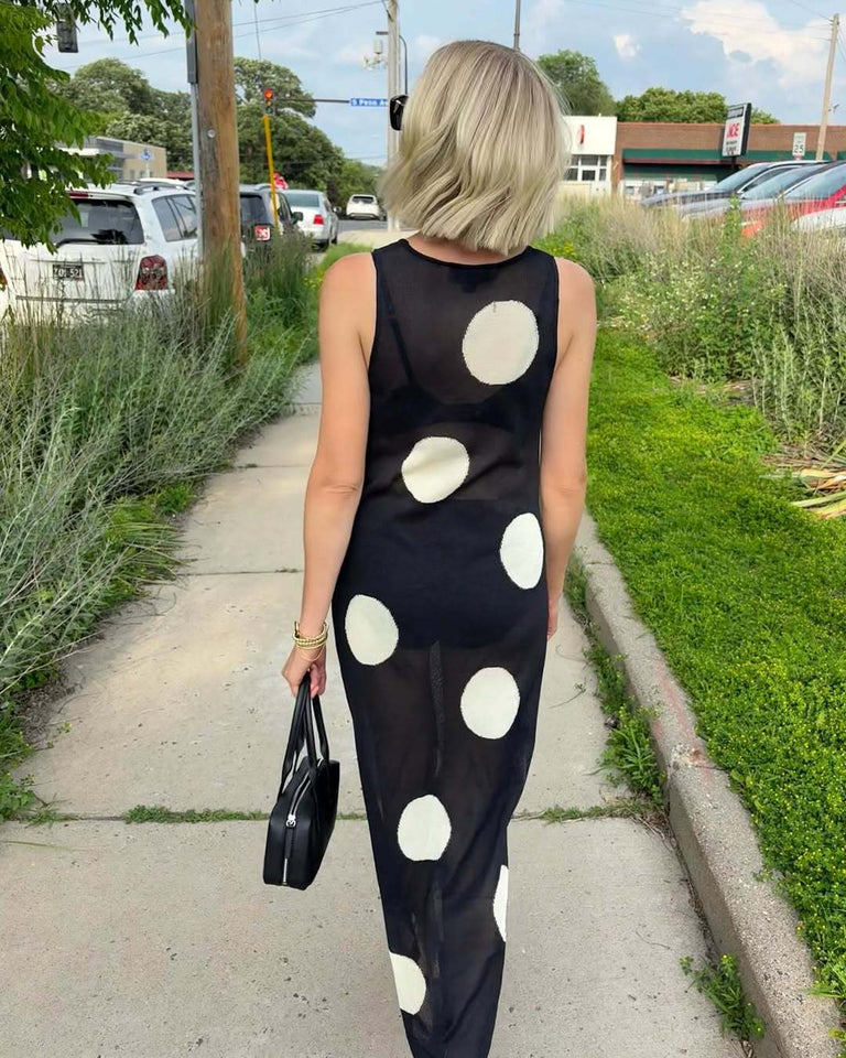 Autumn Winter Polka Dot Casual Slimming Knitted Maxi Dress Bohemian Beach See through Dress Women - Wear with style