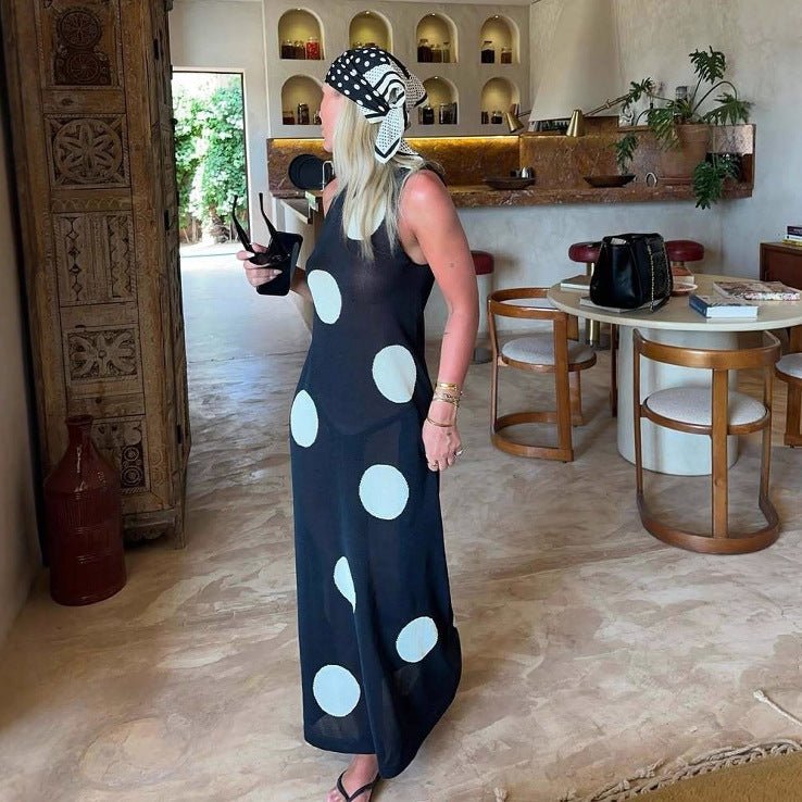 Autumn Winter Polka Dot Casual Slimming Knitted Maxi Dress Bohemian Beach See through Dress Women - Wear with style