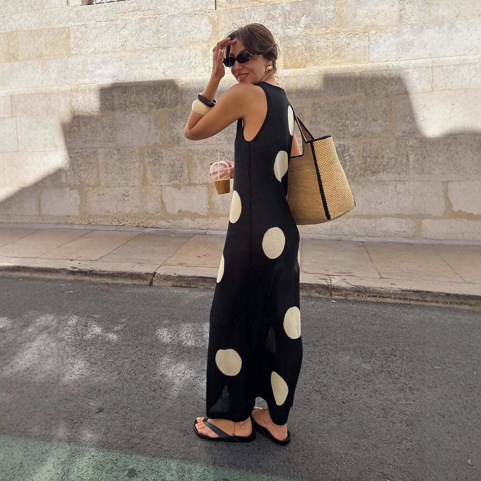 Autumn Winter Polka Dot Casual Slimming Knitted Maxi Dress Bohemian Beach See through Dress Women - Wear with style