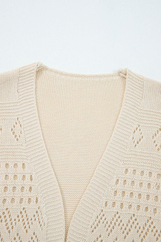 Smoke Gray Hollow Knit Cardigan With Eyelet Cutouts