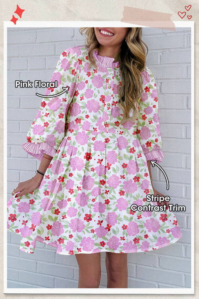Pink Floral Print Striped Trim Flowy Mini Dress For Summer