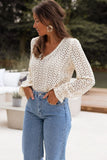Beige Flower Lace V Neck Puff Sleeve Blouse For Women