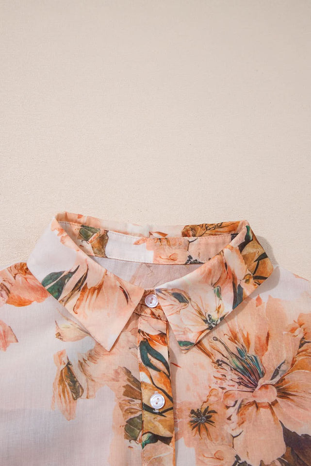 Orange Floral Puff Sleeve Polyester Lightweight Shirt