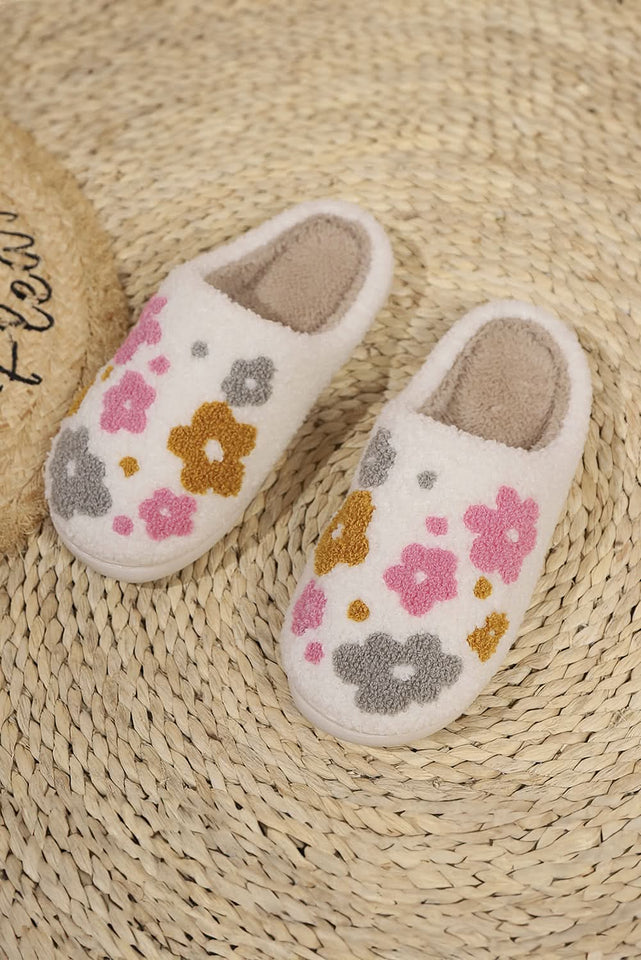 White Floral Fuzzy Winter Slippers With Cloudlike Comfort