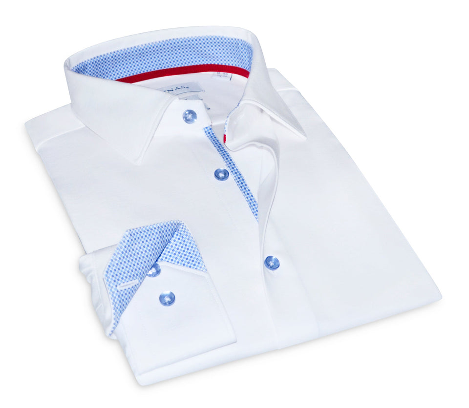 Scott// Cotton Knit-Stretch Button-Up Shirt With Contrast Details // White // Tailored Fit (Fitted)