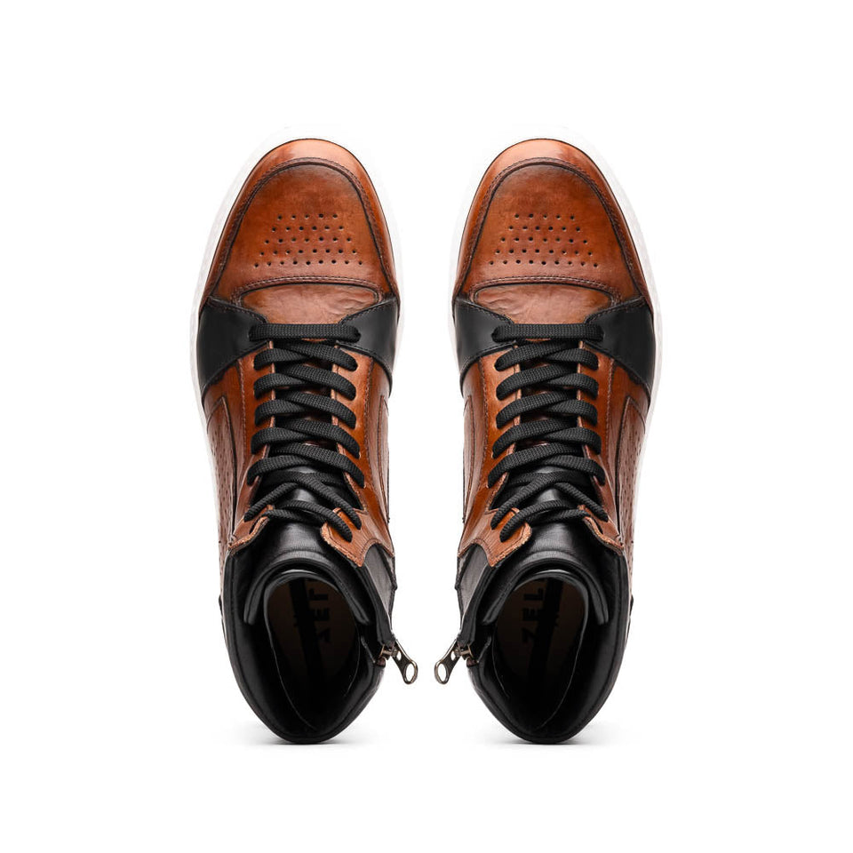 65-356-BRN BRAVO Italian Burnished Calfskin High Top Dress Sneaker Black / Brown