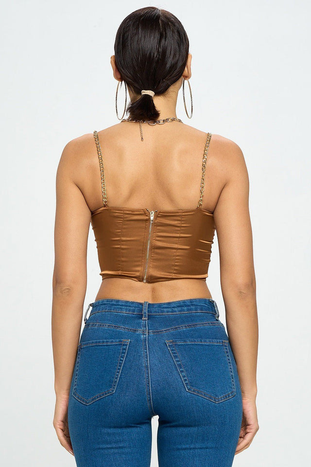 Brittney Gold Chain Strap Satin Solid Bustier Crop Top - Wear with style