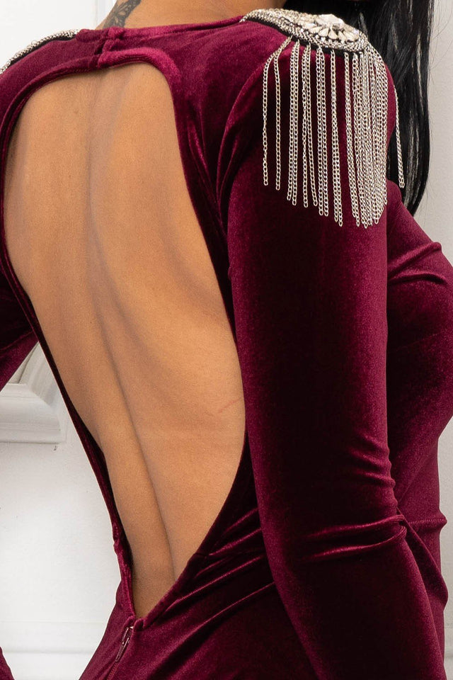 Burgundy Velvet Beaded Fringe Shoulder Maxi Dress – Open Back, Long Sleeve & Side Slit - Wear with style