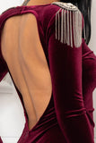 Burgundy Velvet Beaded Fringe Shoulder Maxi Dress – Open Back, Long Sleeve & Side Slit - Wear with style