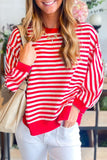 Red Striped Exposed Seam Drop Shoulder Long Sleeve Top