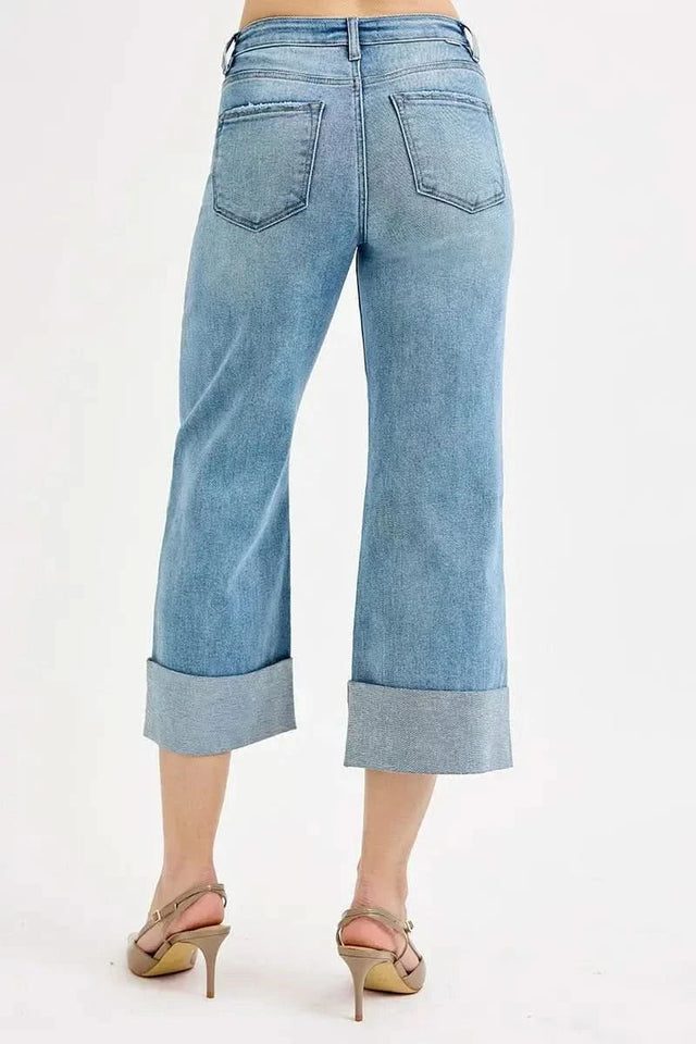 RISEN High Rise Ankle Wide Cuffed Jeans