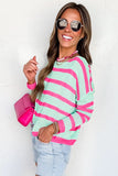 Green Striped Colorblock Knit Sweater With Round Neck