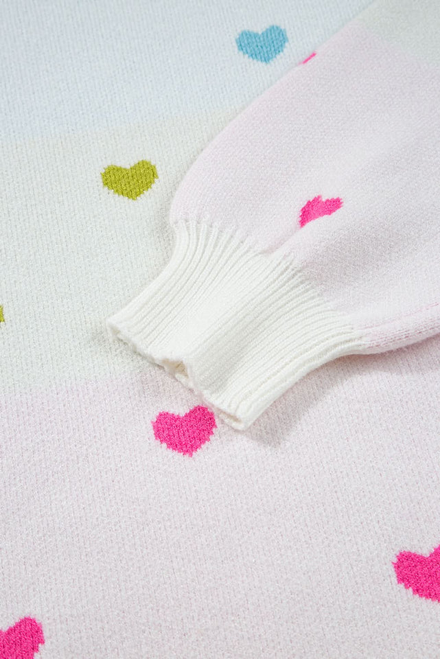 Multicolor Heart Pattern Colorblock High Neck Sweater