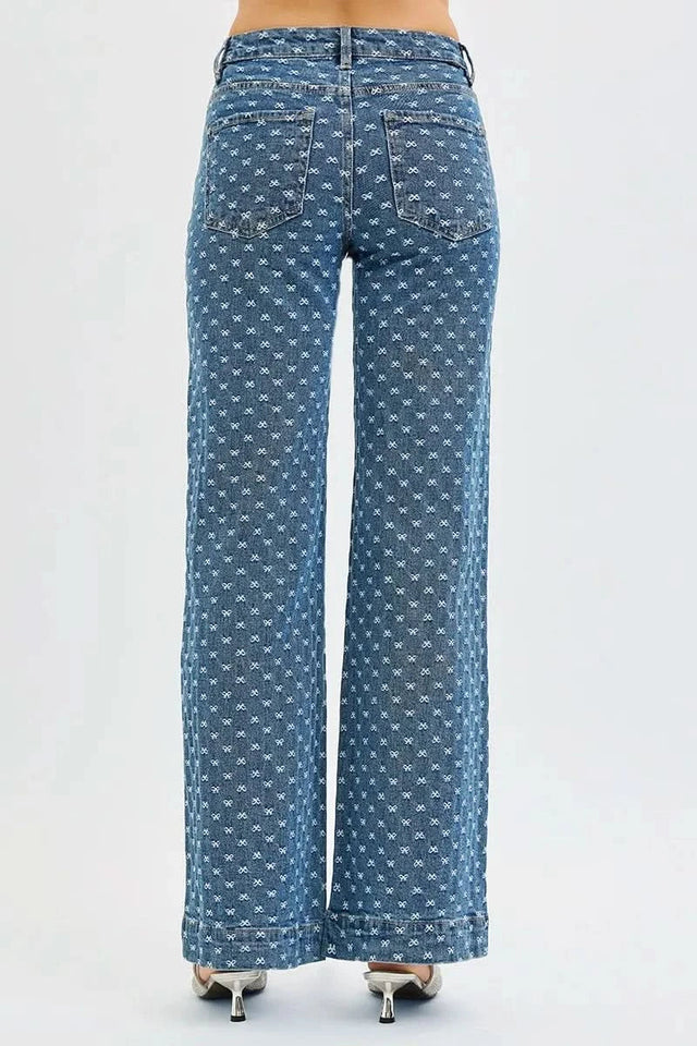 Risen High Rise Wide Leg Bow Embroidered Jeans For Women