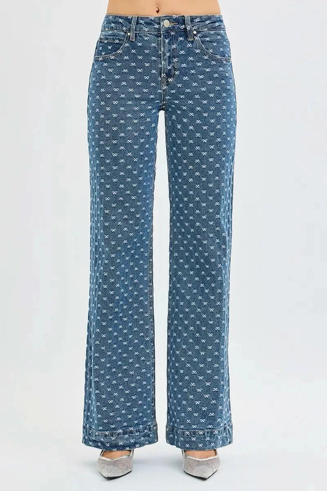 Risen High Rise Wide Leg Bow Embroidered Jeans For Women