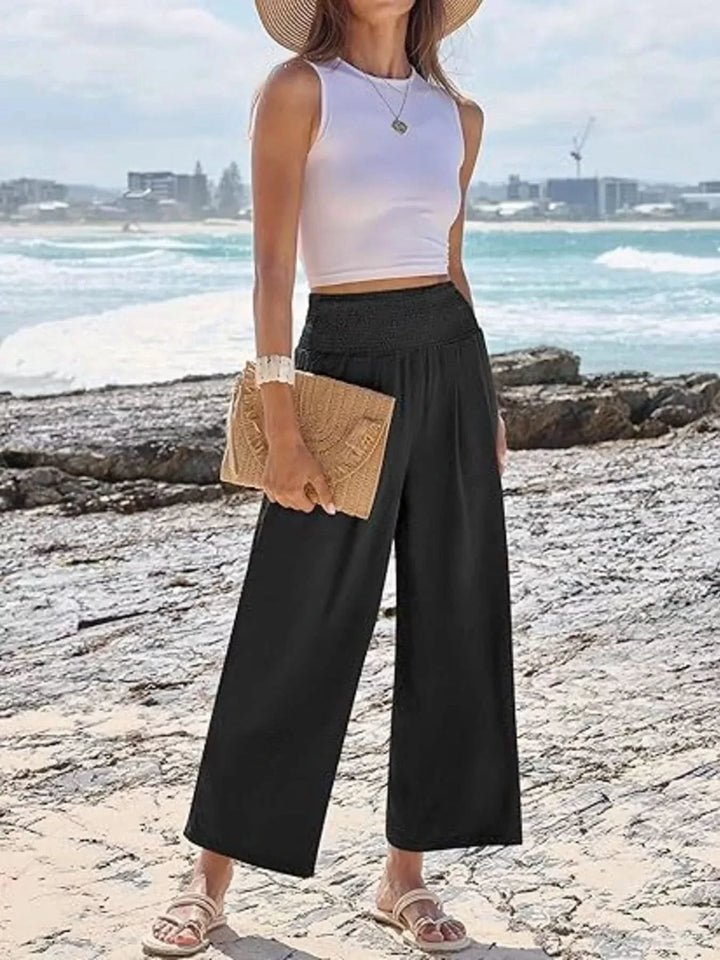 Wide Leg Smocked High Waist Pants With Pockets Polyester