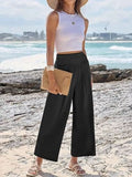 Wide Leg Smocked High Waist Pants With Pockets Polyester