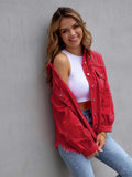 Distressed Drop Shoulder Fringe Denim Jacket Cotton Blend