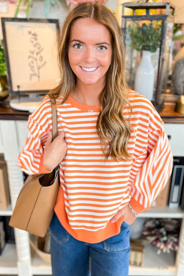 Red Striped Exposed Seam Drop Shoulder Long Sleeve Top