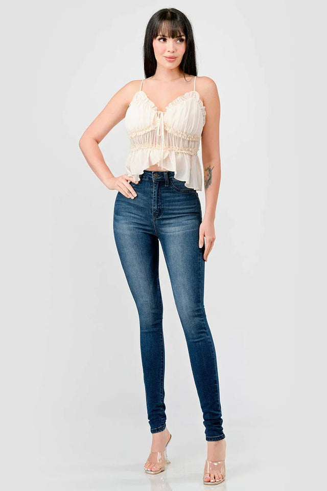 CHEALSEA CHIFFON SWEETHEART SMOCKED BACK RUCHED RUFFLED SHEER CAMI TOP - Wear with style