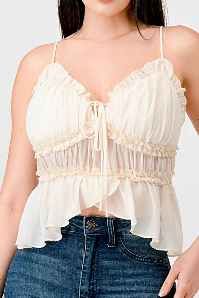 CHEALSEA CHIFFON SWEETHEART SMOCKED BACK RUCHED RUFFLED SHEER CAMI TOP - Wear with style