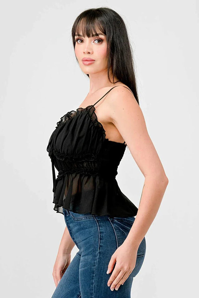 CHEALSEA CHIFFON SWEETHEART SMOCKED BACK RUCHED RUFFLED SHEER CAMI TOP - Wear with style