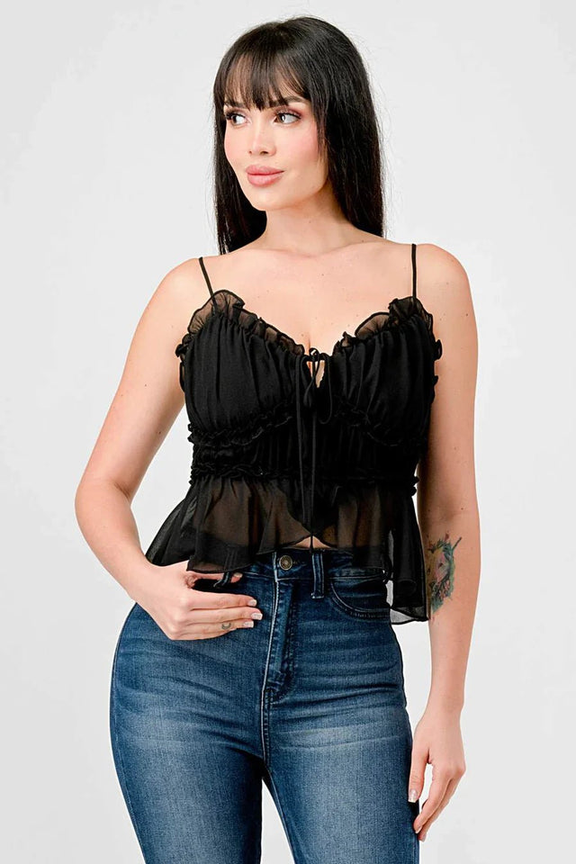 CHEALSEA CHIFFON SWEETHEART SMOCKED BACK RUCHED RUFFLED SHEER CAMI TOP - Wear with style