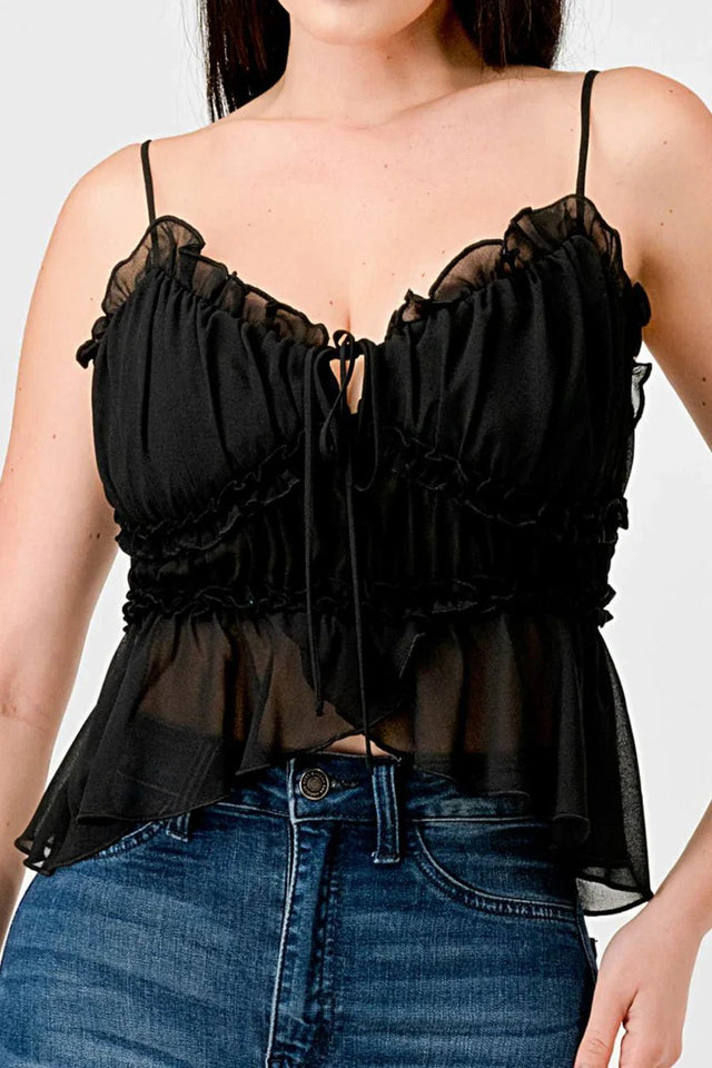 CHEALSEA CHIFFON SWEETHEART SMOCKED BACK RUCHED RUFFLED SHEER CAMI TOP - Wear with style