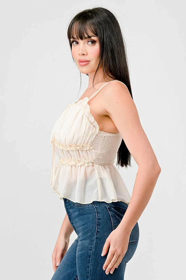 CHEALSEA CHIFFON SWEETHEART SMOCKED BACK RUCHED RUFFLED SHEER CAMI TOP - Wear with style