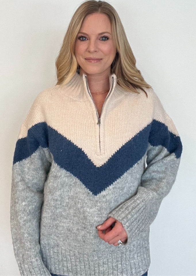 Chevy Half Zip Sweater-Cream/Blue Combo-Final Sale - Wear with style