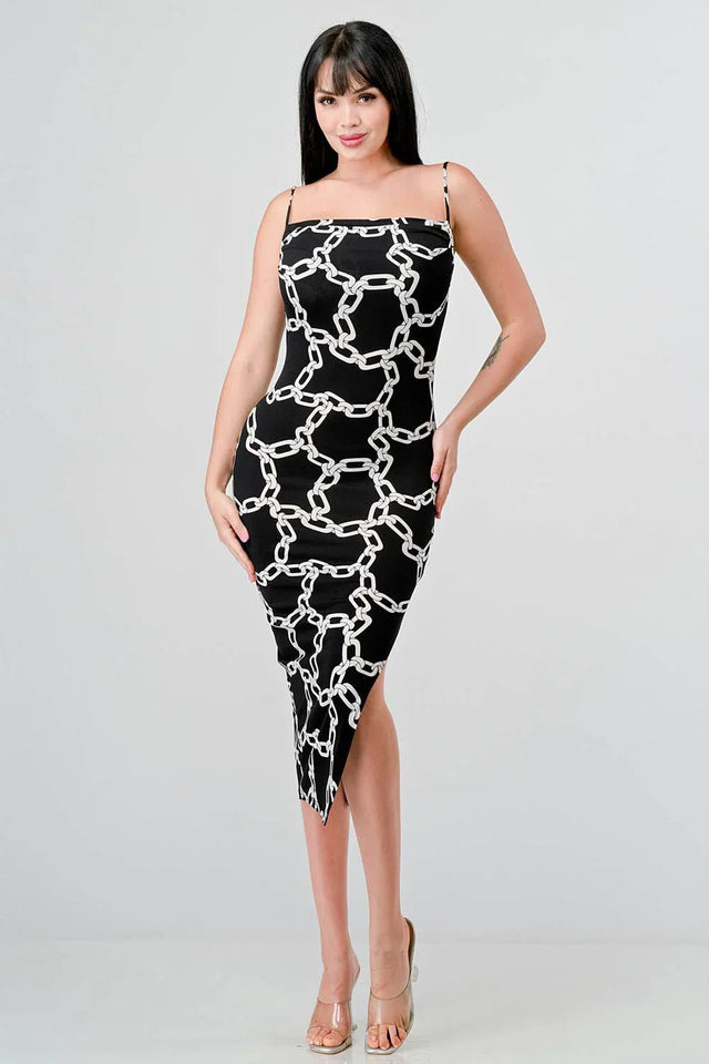 CHIC ALL OVER CHAIN PRINTED SIDE SLIT MIDI DRESS - Wear with style