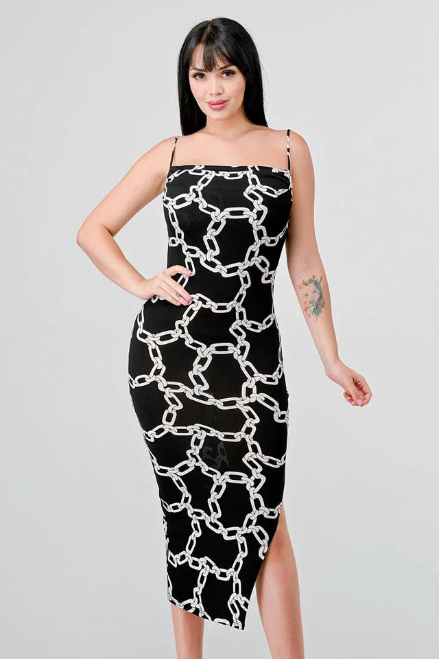 CHIC ALL OVER CHAIN PRINTED SIDE SLIT MIDI DRESS - Wear with style