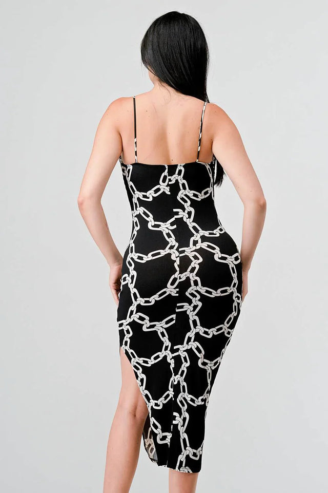 CHIC ALL OVER CHAIN PRINTED SIDE SLIT MIDI DRESS - Wear with style