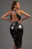 CHIC METALLIC SHINY SLINKY HALTER SLIT MIDI DRESS - Wear with style